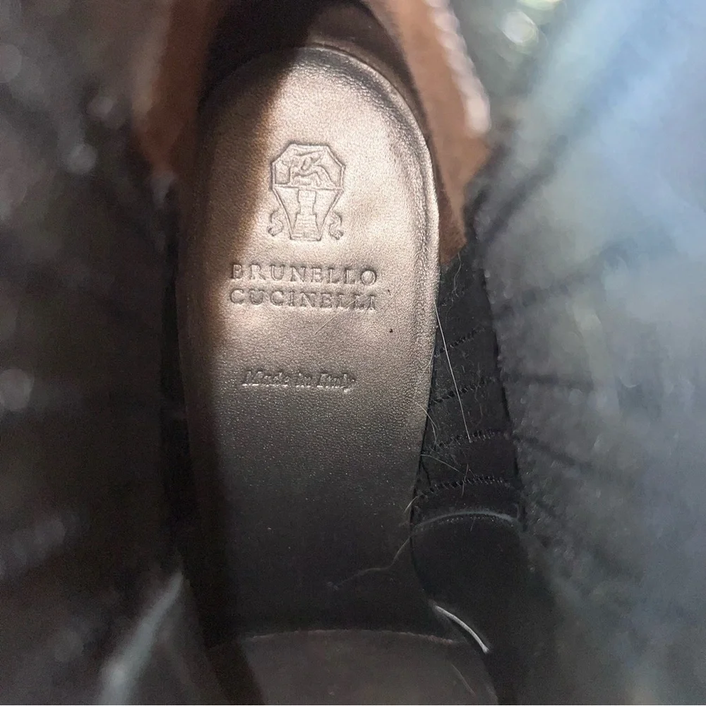 Brunello Cucinelli Chelsea Boots Block Heel Monili Shine Fall Dark Brown Sz 38